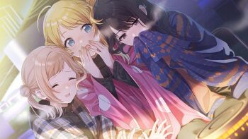 3girls ahoge blue_eyes blush closed_eyes game_cg grey_eyes hachimiya_meguru highres idolmaster idolmaster_shiny_colors idolmaster_shiny_colors_song_for_prism illumination_stars_(idolmaster) kazano_hiori mist multiple_girls nail_polish official_art open_mouth sakuragi_mano