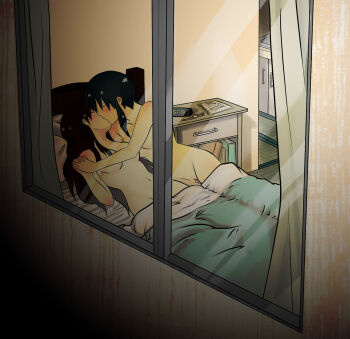 2girls aoi-tama azumanga_daiou bed black_hair blush breasts clock completely_nude couple closed_eyes groin highres holding_hands indoors interlocked_fingers kiss kurosawa_minamo long_hair medium_breasts multiple_girls night nude pussy shared_blanket short_hair sidelocks tanizaki_yukari teacher uncensored under_covers watch window yuri