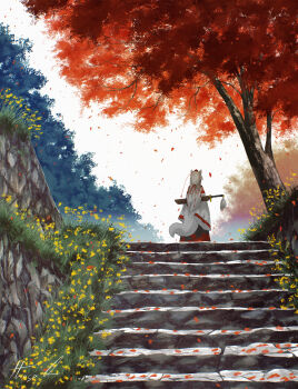 1girl absurdres animal_ears autumn autumn_leaves commentary detached_sleeves english_commentary facing_away falling_leaves flower from_behind grey_hair hat highres inubashiri_momiji leaf long_hair mixed-language_commentary oubachiago procreate_(medium) red_hat sheath sheathed solo sword tail tokin_hat touhou very_long_hair weapon wolf_ears wolf_girl wolf_tail yellow_flower