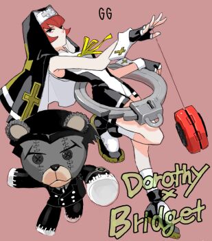 1girl black_gloves bridget_(guilty_gear) bridget_(guilty_gear)_(cosplay) character_name cosplay expressionless gakudou_(rom3boom) gloves guilty_gear headdress r_dorothy_wayneright red_hair ribbon roger_(guilty_gear) roger_smith roger_smith_(cosplay) short_hair simple_background socks stuffed_animal stuffed_toy teddy_bear the_big_o white_socks wrist_cuffs yellow_ribbon yo-yo