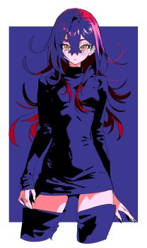 1girl 5oh5s2 absurdres black_dress black_hair black_sweater black_thighhighs breasts carmine_(pokemon) closed_mouth colored_inner_hair crossed_bangs dress hair_between_eyes highres long_hair long_sleeves looking_at_viewer mole mole_under_eye multicolored_hair nintendo pokemon pokemon_sv red_hair solo sweater sweater_dress thighhighs two-tone_hair yellow_eyes