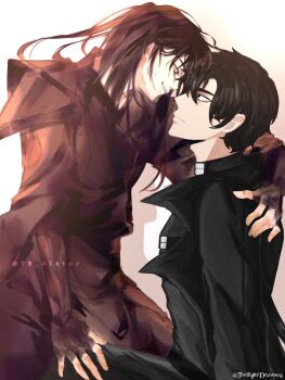 2boys adventoftwilight artist_collaboration black_coat black_gloves black_hair black_robe black_tunic boy_on_top coat commentary cowboy_shot crossover english_commentary fingerless_gloves forehead-to-forehead gloves grin heads_together highres long_hair multiple_boys omniscient_reader's_viewpoint open_clothes open_coat popped_collar robe shadow_slave short_hair shoulder_pads sitting smile star_lantern sunny_(shadow_slave) trait_connection tunic yaoi yoo_joonghyuk