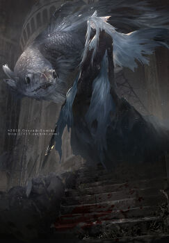 1boy artist_name ascot bishounen blood dated fish goldfish long_hair looking_at_viewer original stairs very_long_hair watermark web_address white_hair yatsunagi_(oyasumi_sumika)