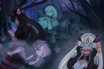 alipheese_fateburn_xvi anna_no_kojo bare_tree black_gloves black_hair black_shirt blue_skin book branch breast_tattoo breasts broom broom_riding chrome_(mon-musu_quest!) colored_skin commentary crescent_moon crop_top crying demon_girl elbow_gloves english_commentary eye_tattoo fang fangs flower flying fog ghost_girl gloves grave graveyard hair_flower hair_ornament hair_tattoo hand_on_own_face hat highres holding holding_book horns jewelry lamia long_hair magic miasma mon-musu_quest! mon-musu_quest:_paradox monster_girl moon multiple_girls navel night nurse_cap o_o open_mouth pink_horns pink_thighhighs pointy_ears puffy_short_sleeves puffy_sleeves purple_skin purple_thighhighs rit_(mon-musu_quest!) scared screaming see-through_body see-through_clothes shirt short_sleeves smile spi_(mon-musu_quest!) striped_clothes striped_thighhighs tattoo thighhighs tombstone tree twintails twitter_username white_hair witch witch_hat yellow_eyes