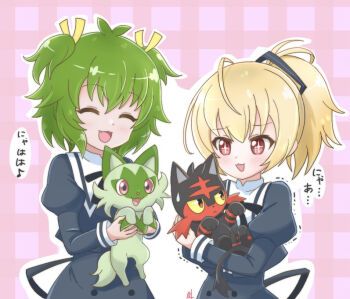 2girls :3 ahoge ando_tazusa assault_lily black_ribbon blonde_hair closed_eyes commentary_request crossover fang gen_7_pokemon grey_hair happy holding holding_pokemon inoguchi_minto juliet_sleeves litten long_sleeves multiple_girls nintendo open_mouth pink_background pokemon pokemon_(creature) ponytail puffy_sleeves red_eyes ribbon school_uniform short_twintails sprigatito sweatdrop translation_request trembling twintails upper_body yoshimura_thi_mai yurigaoka_girls_academy_school_uniform