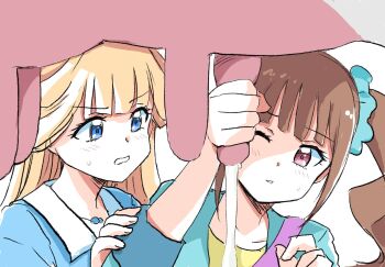 2girls aqua_scrunchie bead_necklace beads blonde_hair blue_eyes brown_hair cow dress highres jewelry milk milking_cow multiple_girls necklace nekoyashiki_mayu nekoyashiki_yuki pink_eyes precure scrunchie udder uraki wonderful_precure!