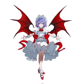 1girl ascot bat_wings blue_hair bow brooch devilkillerx dress frills hat hat_ribbon highres jewelry looking_at_viewer mary_janes mob_cap open_hands open_mouth outstretched_arms pointy_ears puffy_short_sleeves puffy_sleeves red_ascot red_eyes red_shoes red_wings remilia_scarlet ribbon shoes short_hair short_sleeves smile solo touhou white_background wings wrist_cuffs