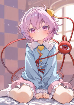 1girl absurdres blue_shirt blush buttons closed_mouth collared_shirt commentary eyeball frilled_shirt_collar frilled_skirt frilled_sleeves frills hair_ornament hairband heart heart_button heart_hair_ornament hi_mi_zu highres komeiji_satori long_sleeves looking_at_viewer pink_eyes pink_hair pink_skirt shirt sitting skirt socks solo third_eye touhou wariza white_socks wide_sleeves