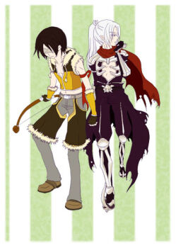 2boys armband assassin_cross_(ragnarok_online) black_hair black_pants black_shirt black_shorts blindfold bow_(weapon) brown_gloves brown_shirt closed_mouth commentary_request crop_top expressionless fingerless_gloves full_body fur-trimmed_gloves fur-trimmed_shirt fur-trimmed_shorts fur_trim gloves green_background grey_hair grey_pants high_ponytail holding holding_bow_(weapon) holding_weapon long_hair looking_afar multiple_boys pants pants_under_shorts pointy_ears ponytail ragnarok_online red_scarf scarf shirt short_hair shorts sleeveless sleeveless_shirt sniper_(ragnarok_online) striped_background two-tone_gloves weapon white_background yuchey