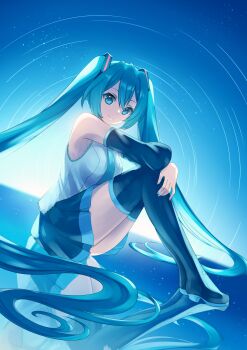 1girl absurdly_long_hair absurdres aqua_eyes aqua_hair aqua_nails aqua_necktie aqua_trim black_skirt boots closed_mouth detached_sleeves hair_between_eyes hair_ornament hatsune_miku highres long_hair long_sleeves looking_at_viewer marian_oekaki necktie pleated_skirt scenery shirt sitting skirt sky sleeveless sleeveless_shirt smile solo star_(sky) starry_sky thigh_boots twintails very_long_hair vocaloid white_shirt