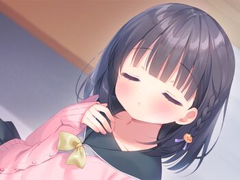 1girl black_hair blush braid cardigan closed_eyes closed_mouth flat_chest game_cg hair_ornament kazari_(mainichi_kiss_shite_lolita) large_variant_set mainichi_kiss_shite_lolita medium_hair non-web_source pink_cardigan side_braid skirt solo usashiro_mani variant_set