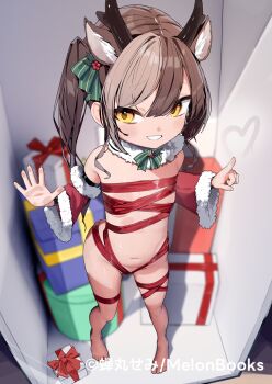1girl animal_ears antlers arm_warmers barefoot box brown_hair commentary_request deer_antlers deer_ears deer_girl extra_ears flat_chest fur-trimmed_arm_warmers fur_trim gift gift_box grey_hair grin highres horns loli looking_at_viewer melonbooks naked_ribbon navel original parted_lips ponytail red_arm_warmers red_ribbon ribbon semimarusemi smile solo yellow_eyes