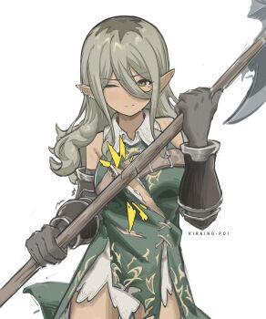 1girl absurdres artist_name bare_shoulders breasts brown_eyes chest_belt chinese_commentary closed_mouth collared_dress commentary_request cowboy_shot cross-laced_clothes cross-laced_dress dark-skinned_female dark_elf dark_skin dress ear_piercing elf girls_band_cry girls_band_cry_rpg gloves green_dress grey_gloves grey_hair halberd hands_up highres holding holding_polearm holding_weapon kiraing_poi long_hair looking_at_viewer medium_breasts mole mole_under_eye multicolored_hair multiple_piercings notice_lines official_alternate_hair_length official_alternate_hairstyle one_eye_closed piercing pointy_ears polearm raised_eyebrows roots_(hair) rupa_(girls_band_cry) short_dress side_slit simple_background sleeveless sleeveless_dress solo split_mouth standing straight-on sweatdrop torn_clothes torn_dress trembling two-handed two-tone_hair vambraces weapon white_background wing_collar