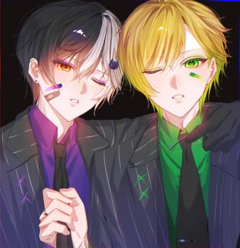 Rule 34 | 2boys, absurdres, amptakxcolors, bandaid, bandaid on face, bimigohan16, black gloves, black hair, black necktie, blonde hair, eyeshadow, gloves, green eyes, green eyeshadow, hair between eyes, hand on another's shoulder, highres, holding necktie, looking at viewer, makeup, male focus, mazeta (amptakxcolors), multicolored hair, multiple boys, necktie, one eye closed, pinstripe jacket, pinstripe pattern, pretz (amptakxcolors), purple eyeshadow, short hair, two-tone hair, upper body, white hair, yellow eyes