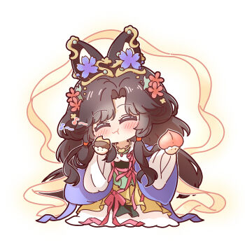 Rule 34 | 1girl, ^ ^, black hair, blush, cake, closed eyes, commentary request, feixianji (hairstyle), flower, food, food in mouth, fruit, full body, hagoromo, hair flower, hair ornament, hair rings, hands up, highres, holding, holding food, holding fruit, jiu niangzi, jiu niangzi (blossom spring fairy), long hair, nijiiro diary, official alternate costume, peach, pink flower, purple flower, purple hanfu, reverse:1999, shawl, skirt, solo, white background, yellow shawl, yellow skirt