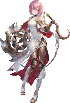 Rule 34 | 1girl, absurdres, bare shoulders, boots, capelet, chain, circular saw, garcia (sword of convallaria), gauntlets, hair between eyes, hair ornament, highres, holding, holding sickle, kusarigama, leg armor, non-web source, official art, open-toe boots, pink eyes, pink hair, red capelet, saw, short hair, sickle, solo, sword of convallaria, two-sided capelet, weapon, white capelet