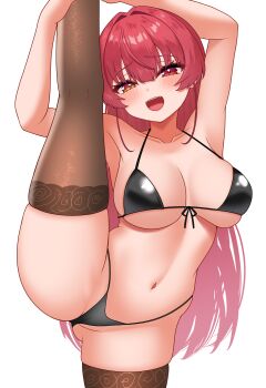 1girl absurdres bikini black_bikini black_thighhighs blush breasts front-tie_bikini_top front-tie_top heterochromia highres hololive houshou_marine large_breasts long_hair navel open_mouth red_eyes red_hair simple_background skindentation smile solo split standing standing_on_one_leg standing_split swimsuit thighhighs virtual_youtuber white_background yellow_eyes zakitaku8311