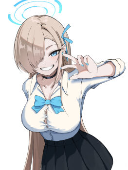 1girl absurdres asuna_(blue_archive) asuna_(school_uniform)_(blue_archive) asymmetrical_bangs blue_archive blue_bow blue_bowtie blue_eyes blue_halo blue_nails blue_ribbon blush bow bowtie breasts button_gap choker grin hair_over_one_eye halo highres long_hair loose_bowtie ribbon school_uniform shirt skirt sleeves_rolled_up smile user_fyaf2335 v white_background