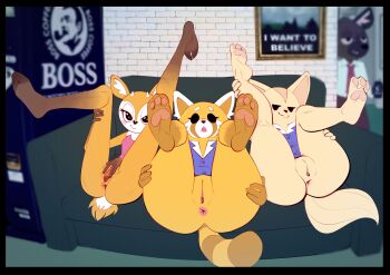 1boy 3girls :3 absurdres aggressive_retsuko animal_ears anus ass bottomless brick_wall brown_fur cleft_of_venus closed_mouth couch eyelashes feet fenneko fox_ears fox_tail from_behind full_body furry furry_female haida_(aggretsuko) half-closed_eyes hands_on_own_ass hands_on_own_thighs highres horn indoors legs_up light_blush looking_at_viewer multiple_girls office_lady open_mouth orange_fur pawpads pussy red_panda red_panda_ears red_panda_girl red_panda_tail retsuko side-by-side sitting soles solid_circle_eyes spread_pussy tail thighs toes tsunoda_(aggretsuko) two-tone_fur white_fur xu53r yellow_fur