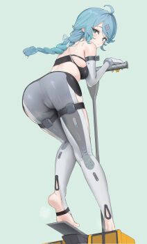 1girl ahoge amco aqua_hair ass bare_shoulders braid braided_ponytail breasts cameltoe closed_mouth clothing_cutout crop_top elbow_gloves flower from_behind full_body gloves green_background green_eyes grey_gloves grey_pants hair_flower hair_ornament hashtag-only_commentary highres leg_cutout legs long_hair looking_at_viewer medium_breasts mole mole_on_shoulder multicolored_gloves no_shoes pants seed_(zenless_zone_zero) side_cutout side_slit sidelocks simple_background single_braid sleeveless soles solo standing stirrup_legwear thigh_strap toeless_legwear two-tone_gloves two-tone_pants white_pants yellow_gloves zenless_zone_zero