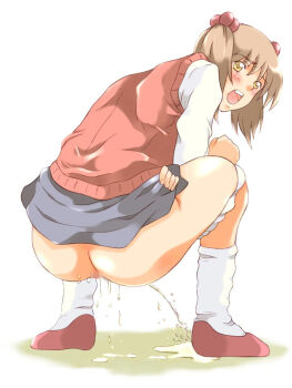 1girl artist_request ass black_skirt blush brown_hair censored character_request clothes_lift copyright_request embarrassed from_behind hair_bobbles hair_ornament long_sleeves looking_back open_mouth panties panty_pull peeing pussy red_shoes red_sweater_vest school_uniform shirt shoes short_hair skirt skirt_lift socks spread_legs squatting sweater_vest teeth twintails underwear white_background white_panties white_shirt white_socks yellow_eyes