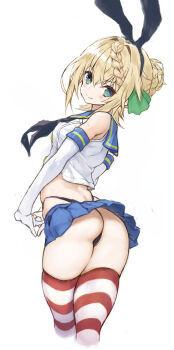 1girl absurdres alternate_costume animal_ears ass bare_shoulders black_neckerchief black_panties blonde_hair blue_eyes blue_sailor_collar blush braid braided_bangs bun_with_braided_base closed_mouth commentary_request cosplay elbow_gloves fake_animal_ears from_behind gloves hair_between_eyes hair_bun highleg highleg_panties highres kantai_collection looking_at_viewer microskirt neckerchief panties perth_(kancolle) rabbit_ears red_thighhighs ryo_(tg290) sailor_collar sailor_shirt shimakaze_(kancolle) shimakaze_(kancolle)_(cosplay) shirt simple_background single_hair_bun skindentation skirt sleeveless sleeveless_shirt solo striped_clothes striped_thighhighs thighhighs thighs thong underwear white_background white_gloves white_shirt