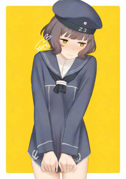 1girl anchor_ornament averting_eyes black_neckerchief blue_dress blue_hat blue_sailor_collar blunt_bangs blush border bright_pupils brown_hair character_name collared_shirt commentary_request cosplay dress dress_shirt dress_tug embarrassed hat kantai_collection kishinami_(kancolle) long_sleeves looking_down medium_hair neckerchief outside_border rounded_corners sailor_collar sailor_dress sakiecho shirt short_dress sidelocks signature simple_background solo standing thighs white_border white_pupils white_shirt yellow_background yellow_eyes z3_max_schultz_(kancolle) z3_max_schultz_(kancolle)_(cosplay)