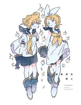 1boy 1girl black_boots black_gloves black_sailor_collar black_shorts blonde_hair boots bow closed_mouth dress full_body gloves hair_bow hair_ornament hairclip hazime highres holding_hands kagamine_len kagamine_rin light_blush looking_at_another neckerchief parted_lips puffy_short_sleeves puffy_sleeves sailor_collar shirt short_hair short_sleeves shorts sleeveless sleeveless_dress smile swept_bangs vocaloid white_background white_bow white_dress white_shirt yellow_neckerchief