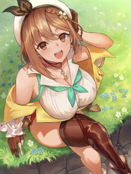 Rule 34 | 1girl, absurdres, atelier (series), atelier ryza, bare shoulders, blush, breasts, brown gloves, brown hair, cleavage, commentary request, crossed bangs, endou touya, from above, gloves, grass, green neckerchief, hat, highres, jacket, jewelry, key, key necklace, large breasts, looking at viewer, neckerchief, necklace, open mouth, partially fingerless gloves, red shorts, reisalin stout, short hair, short shorts, shorts, single glove, sitting, skindentation, sleeveless, sleeveless jacket, solo, thick thighs, thighs, white hat, yellow jacket