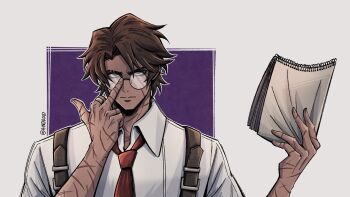 1boy 4indroid arm_up brown_hair character_request check_character collared_shirt commentary dark-skinned_male dark_skin english_commentary glasses heathcliff_(project_moon) highres holding holding_notepad limbus_company looking_at_viewer male_focus middle_finger multiple_scars necktie notepad parted_hair project_moon red_necktie round_eyewear sanpaku scar scar_on_arm scar_on_neck shirt short_hair solo suspenders twitter_username upper_body white_shirt