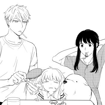 1boy 2girls adoptive_parent_and_adoptive_child ahoge anya_(spy_x_family) bandana belt ben-day_dots bond_(spy_x_family) braid brushing_another's_hair brushing_hair child closed_eyes closed_mouth commentary_request dog dress earrings family_bonding father_and_daughter greyscale hair_brush hair_tie_in_mouth hand_in_own_hair highres holding holding_hair_brush husband_and_wife jewelry long_sleeves medium_hair monochrome mother_and_daughter mouth_hold multiple_girls pants screentones shirt short_hair short_hair_with_long_locks short_sleeves sidelocks simple_background spy_x_family standing t-shirt tarutaruso3 twilight_(spy_x_family) tying_hair very_short_hair white_background yor_briar