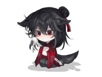 1boy animal animal_ear_fluff animal_ears bandaged_neck bandages black_hair black_hanfu black_pants bone chibi chibi_only chinese_clothes chinese_commentary closed_mouth coat dao_gui_yi_xian dog_boy dog_ears dog_tail full_body hair_between_eyes hair_bun hair_ribbon half_updo hanfu highres holding holding_bone holding_sword holding_weapon implied_yaoi kemonomimi_mode kklxsdskb li_huowang long_hair long_sleeves male_focus ofuda pants red_coat red_eyes red_ribbon ribbon seiza shadow simple_background single_hair_bun sitting solo spine spine_sword sword tail talisman weapon white_background wide_sleeves