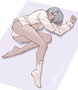 Rule 34 | 1girl, aqua hair, bang dream!, bang dream! it's mygo!!!!!, blue eyes, breasts, chinese commentary, commentary request, hero45439083942, heterochromia, highres, long sleeves, lying, medium breasts, no bra, on side, open clothes, open shirt, original, panties, red eyes, shirt, short hair, single sock, socks, solo, takamatsu shizuku, underwear, white panties, white shirt