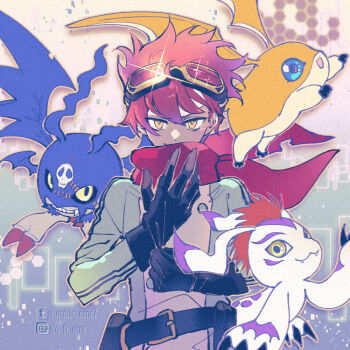 Rule 34 | 1boy, bandana, bandana around neck, belt, black gloves, blue eyes, demon wings, digimon, digimon (creature), digimon story, digimon story: time stranger, emr7, eye mask, gloves, goggles, goggles on head, gomamon, jacket, looking at viewer, male focus, mask, mohawk, multicolored jacket, patamon, picodevimon, putting on gloves, red hair, red scarf, scarf, skull print, torn wings, two-tone jacket, wings, yellow eyes, yuuki dan