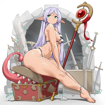 1girl anklet artist_logo artist_name ass ass_focus barefoot bayeuxman bikini border breasts closed_mouth earrings feet floating_earrings frieren from_side full_body green_eyes highres huge_ass jewelry legs logo long_hair looking_back mage_staff medium_breasts mimic mimic_chest navel parted_bangs pointy_ears purple_hair sitting sitting_on_object solo sousou_no_frieren staff striped_bikini striped_clothes swimsuit sword tan tanline thighs toes treasure_chest weapon white_border
