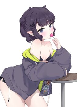 1girl alternate_hairstyle bare_shoulders black_bra blue_eyes blunt_bangs bra breasts candy cattocut coffee_table cowboy_shot drawstring food food_in_mouth hair_bun hair_ornament hairpin highres holding holding_candy holding_food holding_lollipop hololive hololive_english hood hoodie leaning_on_table lollipop long_sleeves mole mole_under_eye ninomae_ina&#039;nis no_pants off_shoulder official_alternate_costume open_clothes open_hoodie pointy_ears puffy_sleeves purple_hair purple_hoodie short_hair single_hair_bun single_side_bun small_breasts solo strapless strapless_bra table thighs underwear virtual_youtuber wavy_hair white_background