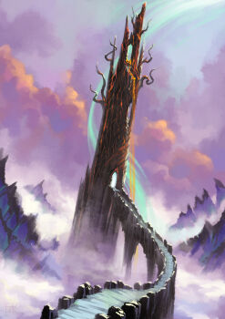 cloud cloudy_sky commentary cubehero english_commentary evening fantasy fog highres lava no_humans original outdoors scenery sky tower