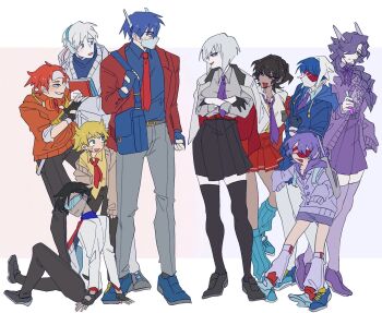 580aoi 5boys 5girls autobot blaster_(transformers) book bumblebee_(transformers) cardigan decepticon fingerless_gloves frenzy_(transformers) genderswap genderswap_(mtf) gloves headphones headphones_around_neck highres holding holding_book humanization jazz_(transformers) jetfire looking_at_another mask megatron mouth_mask multiple_boys multiple_girls necktie optimus_prime purple_necktie red_necktie school_uniform shockwave_(transformers) soundwave_(transformers) starscream transformers