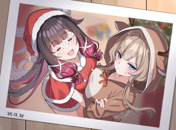 2girls absurdres asymmetrical_docking black_hair blue_eyes blush breast_press breasts brown_hair capelet christmas closed_eyes closed_mouth collarbone columbina_(genshin_impact) commentary_request dress feathered_wings fur-trimmed_capelet fur-trimmed_dress fur-trimmed_headwear fur_trim genshin_impact hair_ribbon hat head_wings highres jhp987 long_hair medium_breasts multiple_girls multiple_wings open_mouth pink_hair red_capelet red_dress red_hat ribbon santa_costume santa_dress santa_hat smile sweat very_long_hair white_ribbon wings