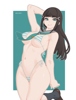 1girl absurdres aqua_eyes bikini black_hair blunt_bangs blush breasts hair_ornament hairclip highleg highleg_bikini highres kurosawa_dia large_breasts legs_together long_hair looking_at_viewer love_live! love_live!_sunshine!! melowh mole mole_under_mouth navel shiny_skin side-tie_bikini_bottom skindentation smile solo standing striped_bikini striped_clothes swimsuit thighs underboob