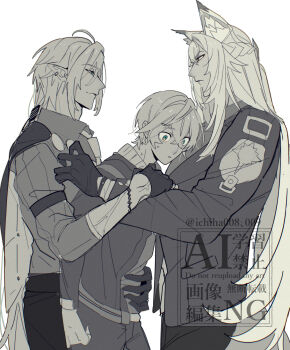 Rule 34 | 3boys, animal ear fluff, animal ears, black gloves, black jacket, black pants, boy sandwich, cat boy, cat ears, cat tail, closed mouth, commentary request, crossed bangs, ear piercing, gloves, green eyes, greyscale, hair between eyes, half-closed eyes, half gloves, hand on another's arm, hand on another's stomach, highres, hugo vlad, itiha008, jacket, long hair, male focus, monochrome, multiple boys, pants, piercing, pointy ears, police badge, sandwiched, severian lowell, short hair, simple background, spot color, stare down, sweat, tail, veins, veiny arms, white background, wise (zenless zone zero), zenless zone zero