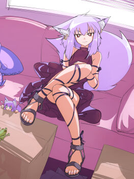 ! 2girls :3 animal_ear_fluff animal_ear_piercing animal_ears ankle_bow ankle_ribbon aqua_eyes arm_bow arm_ribbon bare_shoulders black_footwear blush bow box breasts bright_pupils cardboard_box closed_mouth collarbone commentary couch day dress feet fox_ears fox_girl fox_tail frilled_dress frills frog gold_(mantafriend) hair_between_eyes highres indoors knee_up leg_ribbon legs looking_at_viewer medium_hair mini_person minigirl minisil_(mantafriend) multiple_girls on_couch open_mouth original platinum_(mantafriend) purple_hair rectangular_pupils red_bow red_dress red_eyes red_ribbon ribbon sandals short_dress sidelocks sitting sleeveless sleeveless_dress small_breasts stuffed_animal stuffed_toy tail tail_raised turtleneck turtleneck_dress white_pupils window