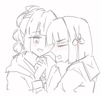 Rule 34 | 2girls, :d, anyoji hime, blunt bangs, blunt ends, blush, bob cut, closed eyes, commentary, greyscale, hasu no sora school uniform, highres, hood, hooded jacket, jacket, link! like! love live!, long sleeves, love live!, mihasu ll, momose ginko, monochrome, multiple girls, neckerchief, open clothes, open jacket, open mouth, sailor collar, school uniform, short hair, simple background, smile, virtual youtuber, white background, winter uniform, yuri