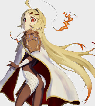 1girl absurdres ahoge armor armored_collar ass black_bodysuit blonde_hair bodysuit breastplate brown_armor burning_hair cloak colored_tips commentary_request cowboy_shot from_side highres huge_ahoge long_hair looking_at_viewer looking_to_the_side multicolored_bodysuit multicolored_hair pauldrons puckered_lips red_eyes riteiku_(user_tarc8275) shoulder_armor simple_background solo teoritta two-tone_bodysuit white_background white_bodysuit white_cloak yuushakei_ni_shosu