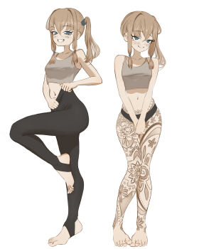 Rule 34 | 1girl, absurdres, bare arms, bare shoulders, barefoot, black panties, black pants, blonde hair, blue eyes, blush, closed mouth, collarbone, crop top, feet, full body, grin, hair between eyes, highres, leg up, leggings, legs, looking at viewer, mawaw, medium hair, midriff, multiple views, navel, no shoes, original, own hands together, panties, pants, side ponytail, sidelocks, simple background, smile, standing, standing on one leg, stirrup legwear, stomach, tank top, tattoo, toeless legwear, toenails, toes, underwear, white background