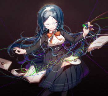 1girl black_jacket blue_hair book bow bowtie breasts cd closed_eyes collared_jacket collared_shirt commentary danganronpa_(series) danganronpa_v3:_killing_harmony dark_background disc glasses handheld_game_console hiragi_rin holding holding_needle jacket letter long_hair long_sleeves needle open_book open_mouth orange_bow orange_bowtie parted_bangs playstation_portable pleated_skirt round_eyewear school_uniform sewing_needle shirogane_tsumugi shirt skirt smile string thread very_long_hair white_shirt