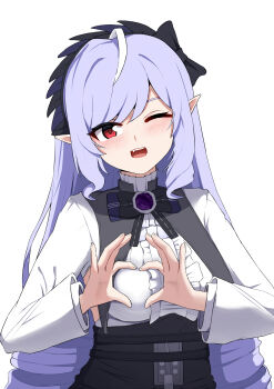 1girl absurdres artistic_error ascot bad_id bad_twitter_id black_bow black_bowtie blush bow bowtie breasts center_frills commentary frills highres long_hair long_sleeves looking_at_viewer marin_liekuriva medium_breasts multicolored_hair one_eye_closed open_mouth pointy_ears purple_hair shrug_(clothing) sidelocks simple_background smile solo streaked_hair upper_body vivian_banshee white_ascot white_background white_shrug zenless_zone_zero