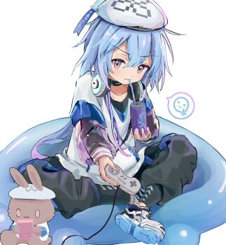 1boy absurdres arknights beret black_pants blue_hair can closed_mouth commentary_request controller drinking drinking_straw game_controller hat headphones headphones_around_neck highres holding holding_can infection_monitor_(arknights) layered_sleeves long_sleeves looking_at_viewer male_focus mizuki_(a_player_forever)_(arknights) mizuki_(arknights) official_alternate_costume pants purple_eyes riu_kawano shirt shoes short_hair short_over_long_sleeves short_sleeves sitting solo speech_bubble spoken_expression stuffed_animal stuffed_rabbit stuffed_toy super_famicom_gamepad super_nintendo_controller white_background white_hat white_shirt white_shoes