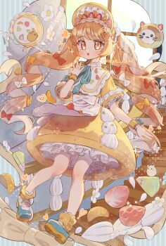 1girl apron blonde_hair blush bonnet bow commentary dress food frilled_dress frills fruit full_body green_ribbon hair_bow hand_up highres long_hair neck_ribbon open_mouth orange_(fruit) orange_slice original red_bow ribbon shoes short_sleeves solo standing strawberry symbol-only_commentary tsukumi_bis twitter_username white_apron white_bow white_shoes yellow_bonnet yellow_bow yellow_dress yellow_eyes