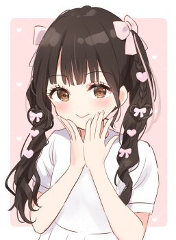 1girl absurdres alt_text animification blush border bow braid brown_eyes closed_mouth commentary_request dress hair_bow hanazora_satsuki heart heart_background highres long_hair looking_at_viewer pink_background pink_bow real_life sakurai_hina short_sleeves smile solo split_mouth twintails upper_body voice_actor white_border white_dress